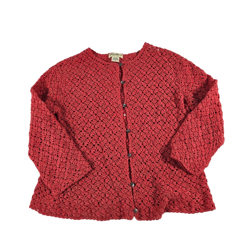 Eddie Bauer Red Crochet Linen Cotton Open Knit Button Front Cardigan Sweater M